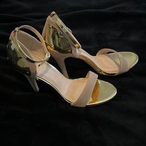 Beige and gold open toe heels with ankle strap